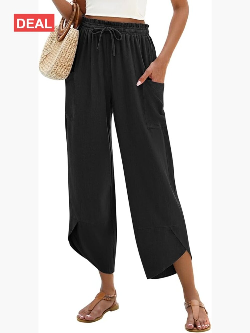 Linen Blend Wide Leg Palazzo Harem Pants with Pockets